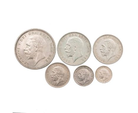 (6) 1932 George V silver coin set, including Wreath Crown, Halfcrown, Florin, Shilling, Sixpence, and Threepence. Grade: larg
