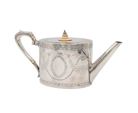 Victorian silver oval teapot decorated with allover foliate and garlands of flowers, with ivory finial and ivory rings to the