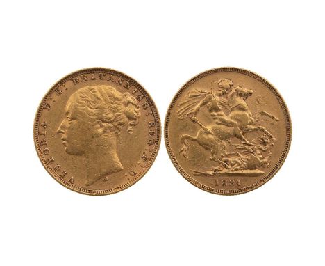 1881 Victoria gold Sovereign, Melbourne mint, Saint George reverse, no BP, short tail (S 3857A). Grade: F - Fine.