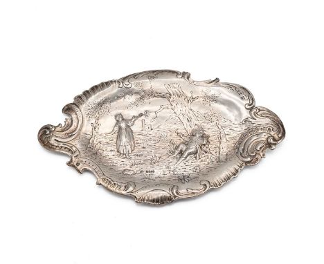 Dutch hallmarked silver tray, with embossed decoration of country scene and acanthus leaf pattern to rim with English import 