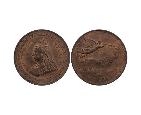 1897 Victoria Diamond Jubilee Far Famed Cakes &amp; Biscuits bronze AE advertising medal by H Grueber. Obverse: crowned, veil