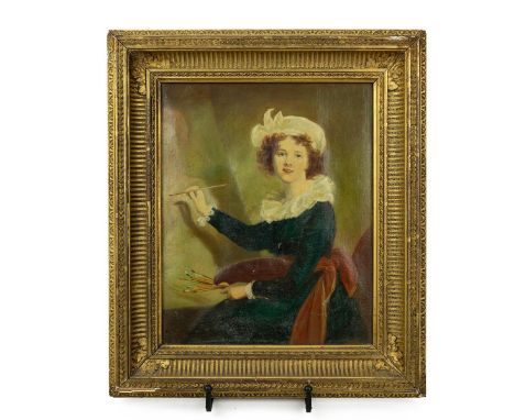19th Century oil on canvas portrait in pose of a young woman painting a portrait, holding brushes and palette (21cm x 26cm) i
