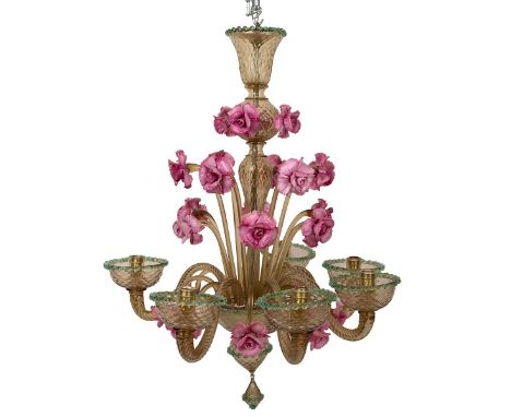 Mid Century Murano pink &amp; smoked glass Chandelier. Seven branches with twisted stems, green edged bowls and converted for