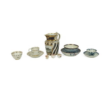 An early 19th-century Worcester Chamberlains jug, decorated in gilt and blue throughout with a scene of Worcester by the rive