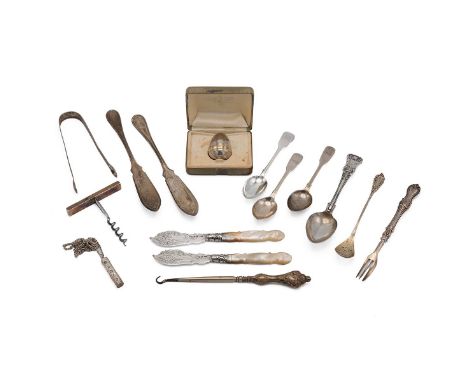 Collection of silverware to include four hallmarked spoons, two mother-of-pearl handled fish knives, a corkscrew with an ingo