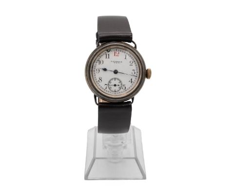 Waltham silver gent's trench style wristwatch, c1920's. 38mm silver case with later brown leather strap, white enamel dial, A