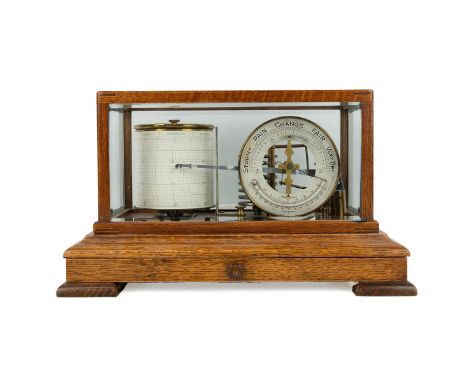 Late 19th century oak cased Barograph with eight vacuum chambers indicating barometric pressure on a graduated silver dial, w