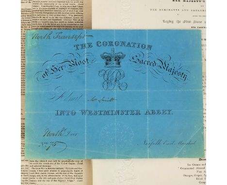 Historic Royal Interest. Queen Victoria Coronation ticket 1837. Written 'William Levitt, North Transept, North Door, No.75'. 