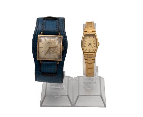 Vintage Avia Incabloc 9ct gold wristwatch, manual wind, 36mm square case, silvered dial and baton hour markers, subsidiary se