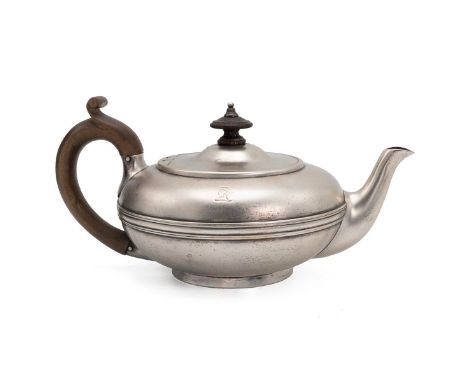 Georgian silver teapot of squat form with turned finial and acanthus style handle, hallmarked London 1823, maker Robert Garra