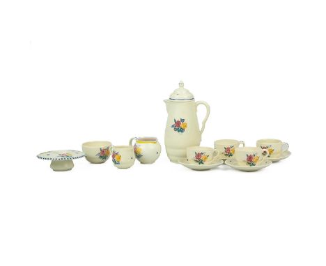 Poole Pottery 1930's coffee set comprising coffee pot with cover, four cups, four saucers sugar bowl and cream jug together w