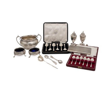 Collection of miscellaneous silver items to include cased spoons, cigarette case, pair of silver salts, two condiment spoons,