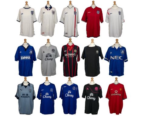 A Bag of Football Shirts to include Five England shirts various Years. Eight Everton FC various seasons, signed Blackburn Rov