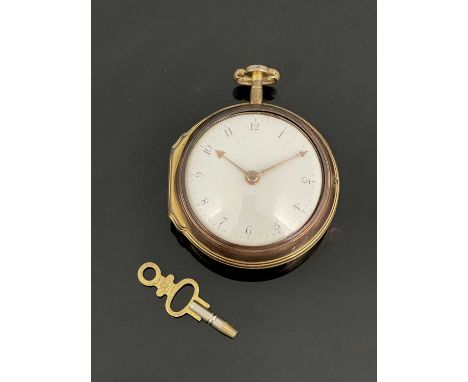 An eighteenth-century gilt copper pair-cased pocket watch, plain outer case, the white enamel dial with Arabic numerals and h