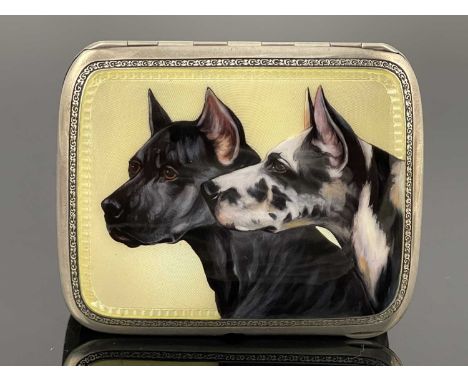 A Continental silver and enamel cigarette case, the lid decorated with two dogs, on yellow guilloche enamel ground, within fo
