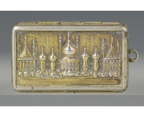 A George IV silver gilt castle top vinaigrette, of rectangular form, the cover with a view of the Royal Pavilion Brighton in 