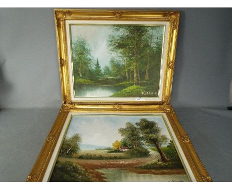 Two framed oil on canvas landscape scenes, the first depicting a cottage in a rural setting, signed lower right S Clarke, the