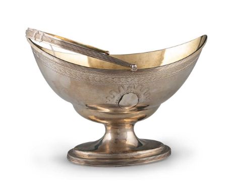 A GEORGE III SILVER SWING-HANDLE SUGAR BASKET by Peter &amp; Jonathan Bateman, London 1790, navette form, raised on an oval f
