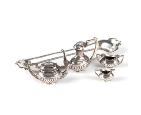 AN ELIZABETH II SILVER MINIATURE FOUR-PIECE TEA AND COFFEE SERVICE by D J Silver Repairs, London 1971, oval part-fluted, comp