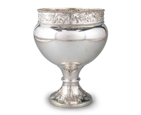 A GEORGE V LARGE SILVER GOBLET by George Nathan &amp; Ridley Hayes, Chester 1913, the deep bulbous bowl raised on a knopped s