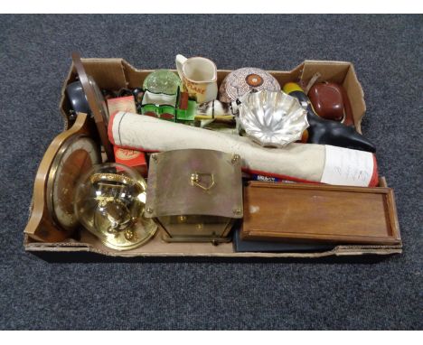 A box of miscellaneous to include mid century mantel clocks, anniversary clock, hand stitched wall hanging, assorted china, v