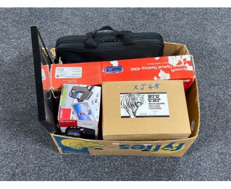 A box of Microsoft optical keyboard, laptop bag containing IBM laptop with charger, mouse, Ion film and slide scanner, big ca