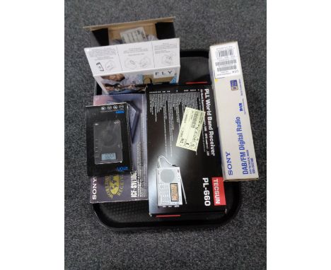 A tray of assorted electricals to include Uniden 100 channel scanner, 4.3 inch touch screen portable digital TV, Brexer digit