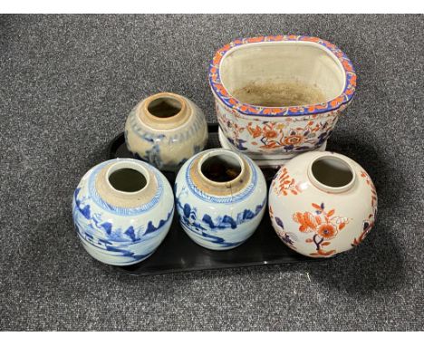 A tray of Oriental wares, ginger jars, planter on stand etc 