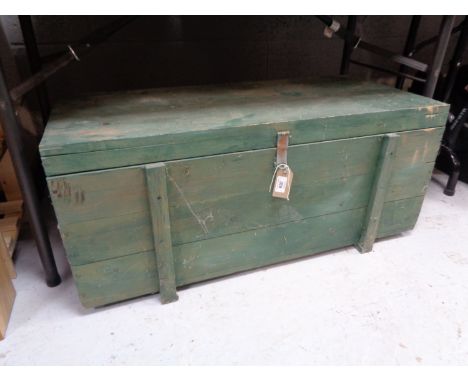 A painted pine tool chest containing hand tools 