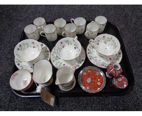 A tray of assorted china, Royal Worcester King Fisher, Rail and chain milk jugs, Grafton bramble tea cups and saucers, coffee