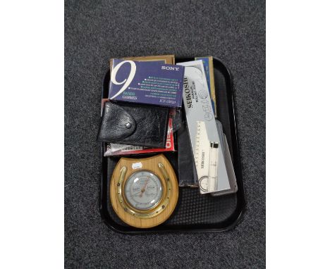 A tray of scientific calculators, boxwood chess set, rolling rulers, horseshoe barometer etc 