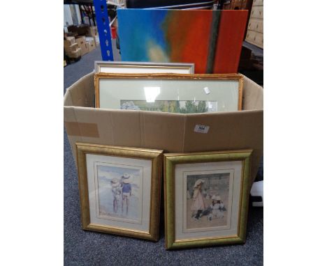 A quantity of decorative gilt framed pictures and prints, modern canvas picture, study of a beach, dog photograph etc and two