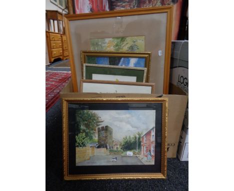 A box of assorted framed pictures and prints - Peter corbridge watercolour of St Marys