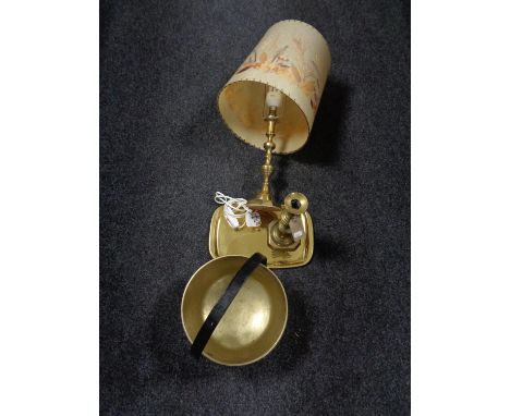 A brass cast iron handled jam pan, brass tray, candlestick and table lamp with shade 