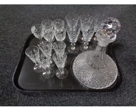 A tray of crystal ship's decanter and three sets of crystal liqueur and wine glasses 