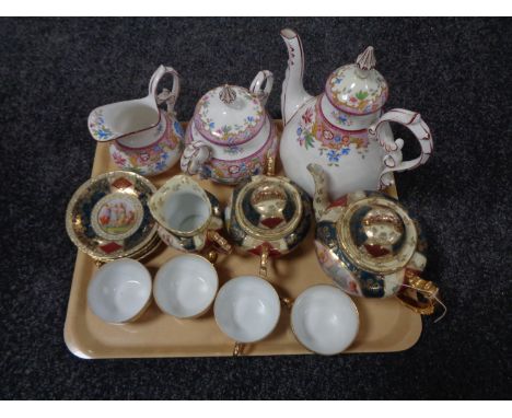 A tray of eleven piece continental tea service, antique floral tea pot, sugar basin and milk jug 