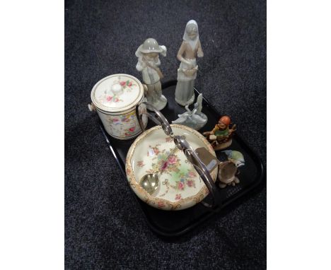 A tray of assorted china - Nao figure, two Spanish figures, Hummel figure, Border Fine Arts figure of a blue tit and two piec