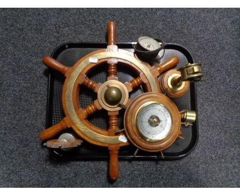 A tray of shipping related items - ship's wheel barometer, compass and bell 