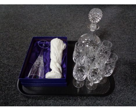 A  tray of lead crystal decanter, set of six crystal flutes and pair of boxed Edinburgh crystal champagne flutes 