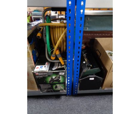 A parkside pressure washer together with a hose on reel, metal concertina tool box of hand tools 