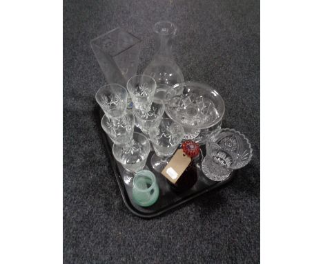 A tray of assorted glass, antique red glass decanter, Caithness vase, six wine glasses, carafe etc 
