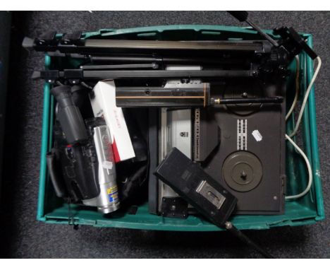 A box of camera tripod, realistic scanners, continental reel to reel player, camcorder etc 
