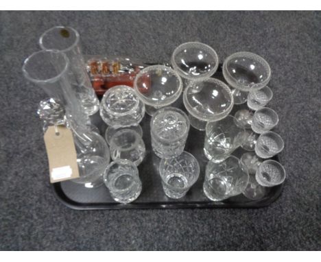 A tray of glass, decanter, preserve pot, ship in bottle etc 