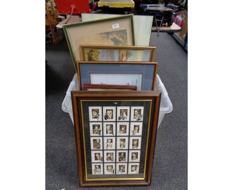 A box of assorted framed pictures and prints, framed Japanese watercolour, Russell Flint print, legends of Hollywood cards, J