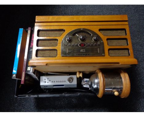 A crate of retro style Crossley record CD player DAB radio, books etc, case of mainly jazz and classical LP's 