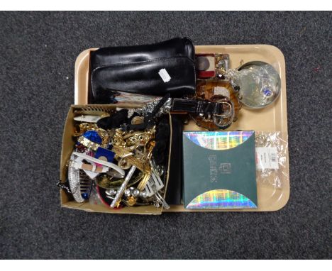 A tray of costume jewellery, leather clutch bags, timex and smiths empire pocket watch, Ingersol pocket watch etc 