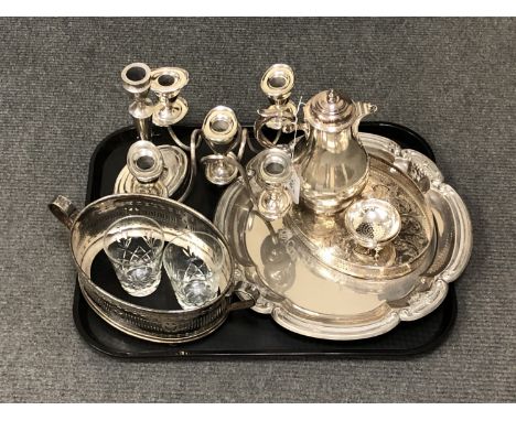 A tray of continental white metal teapot stamped 875 with indistinct marks, silver plated tray, gallery tray, candelabra, two