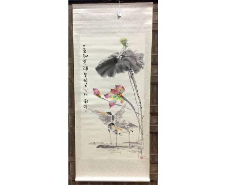 CONTEMPORARY CHINESE SCROLL PAINTING, depicting stylised flowers, by Yang Lin, with polished wood tiangan (wood bar), 187cm x