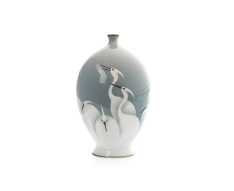 EARLY 20TH CENTURY JAPANESE CLOISONNÉ ENAMEL VASE, decorated with white cranes, with silvered metal base, 17.5cm high