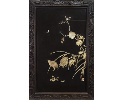 EARLY 20TH CENTURY JAPANESE LACQUERED PANEL, decorated in relief with partridges in ivory and mother of pearl, 89cm x 57cm